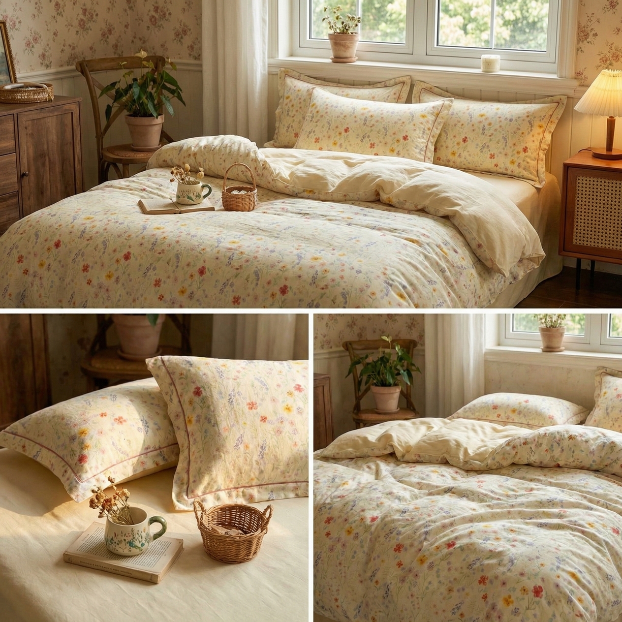 91家纺网 家纺一手货源 找家纺  U品汇  2026新款复古全棉纯棉亚麻棉麻数码印花四件套夏季冰凉爽透气套件（含30%亚麻） 春日气息