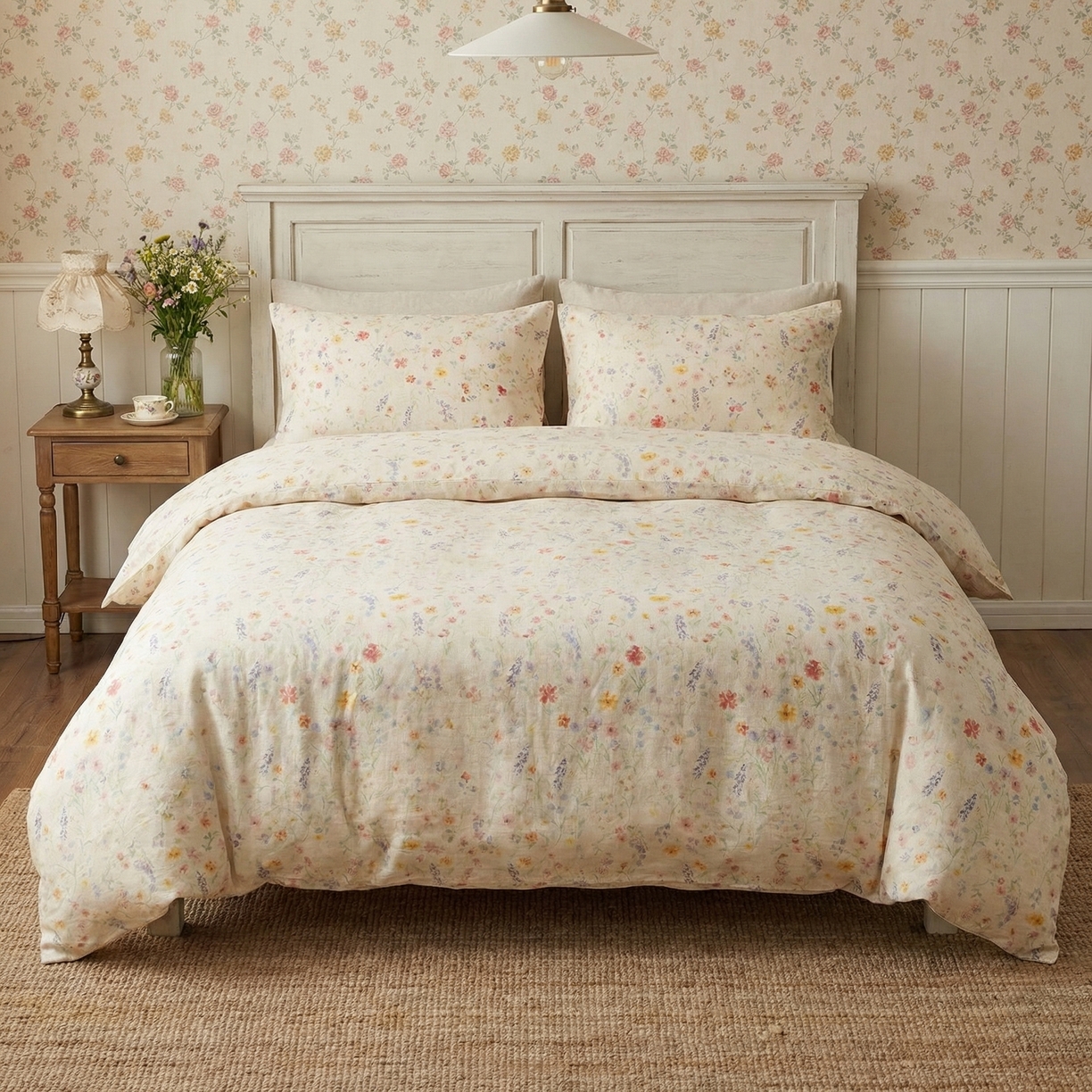  U品汇  2026新款复古全棉纯棉亚麻棉麻数码印花四件套夏季冰凉爽透气套件（含30%亚麻） 春日气息