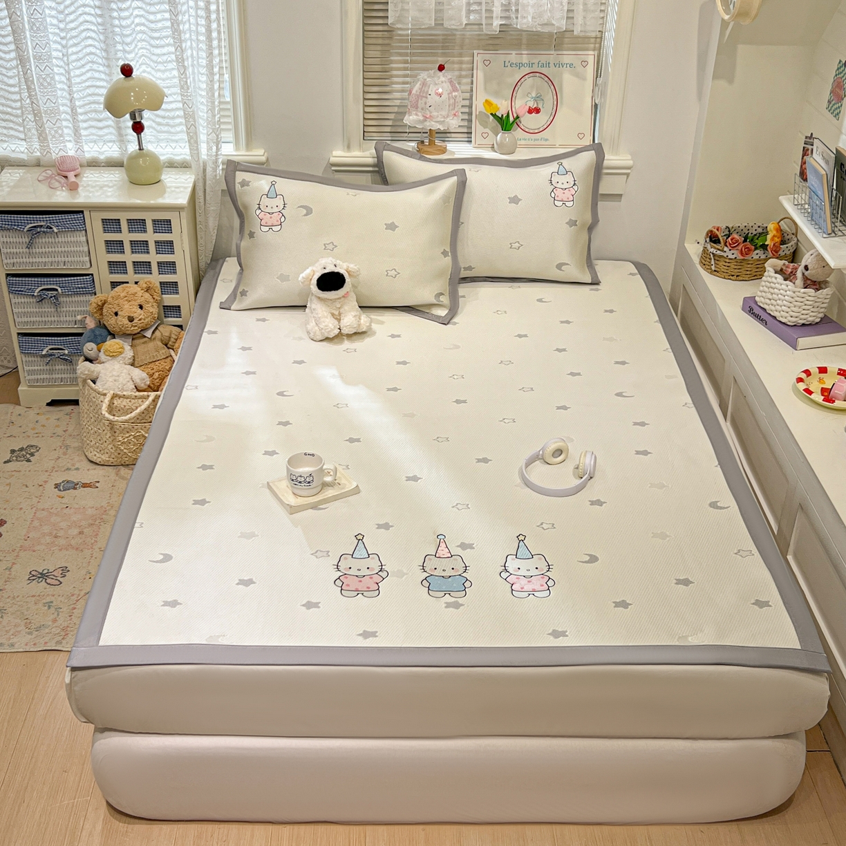 91家纺网 家纺一手货源 找家纺 川悦生活 2026新款凉感提花绣花豆豆席 幸福喵喵