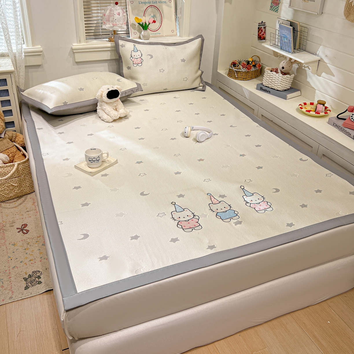 91家纺网 家纺一手货源 找家纺 川悦生活 2026新款凉感提花绣花豆豆席 幸福喵喵