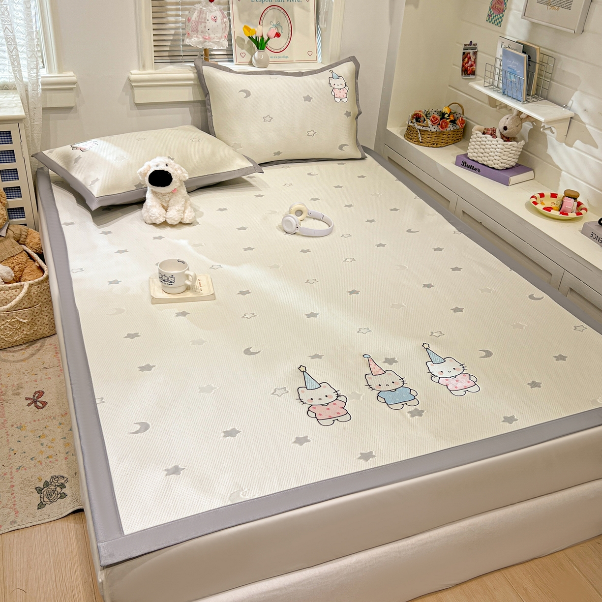 91家纺网 家纺一手货源 找家纺 川悦生活 2026新款凉感提花绣花豆豆席 幸福喵喵