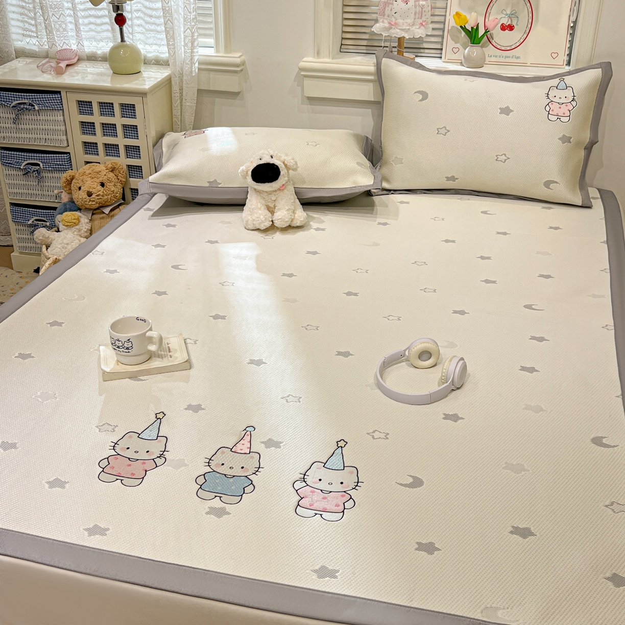 91家纺网 家纺一手货源 找家纺 川悦生活 2026新款凉感提花绣花豆豆席 幸福喵喵