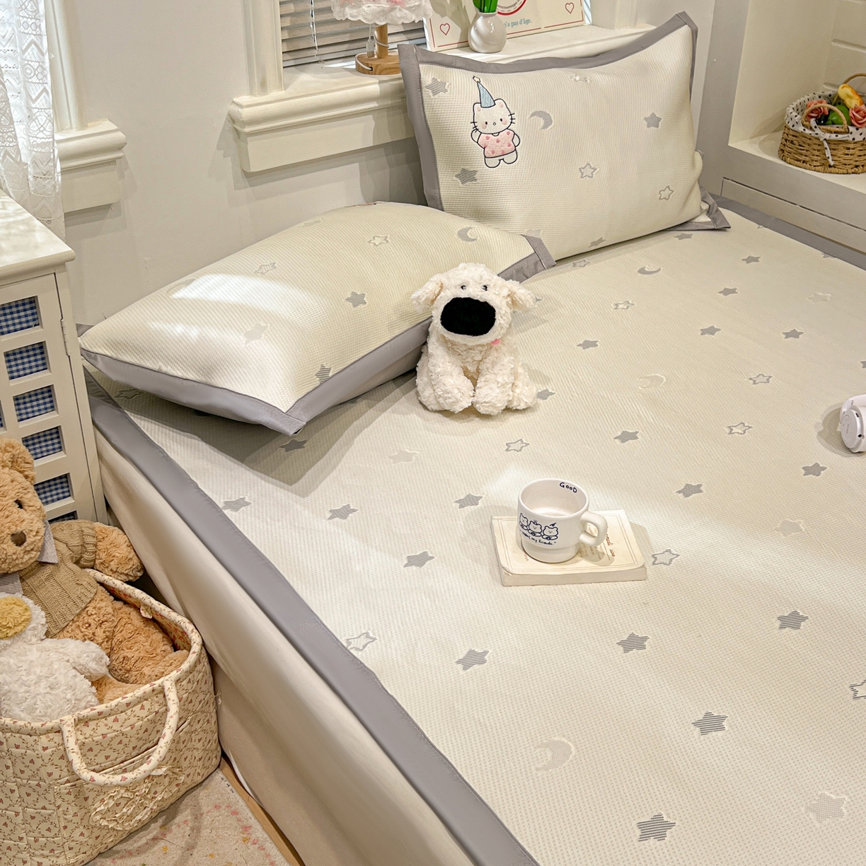 91家纺网 家纺一手货源 找家纺 川悦生活 2026新款凉感提花绣花豆豆席 幸福喵喵