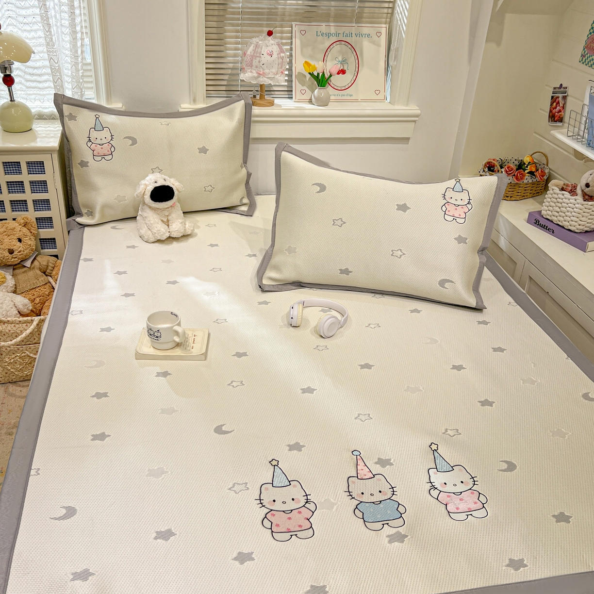 91家纺网 家纺一手货源 找家纺 川悦生活 2026新款凉感提花绣花豆豆席 幸福喵喵