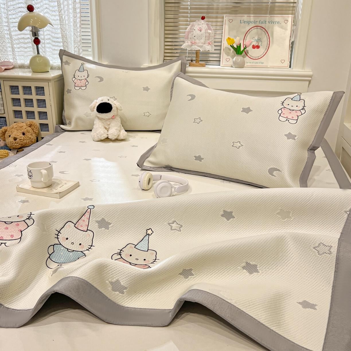 91家纺网 家纺一手货源 找家纺 川悦生活 2026新款凉感提花绣花豆豆席 幸福喵喵