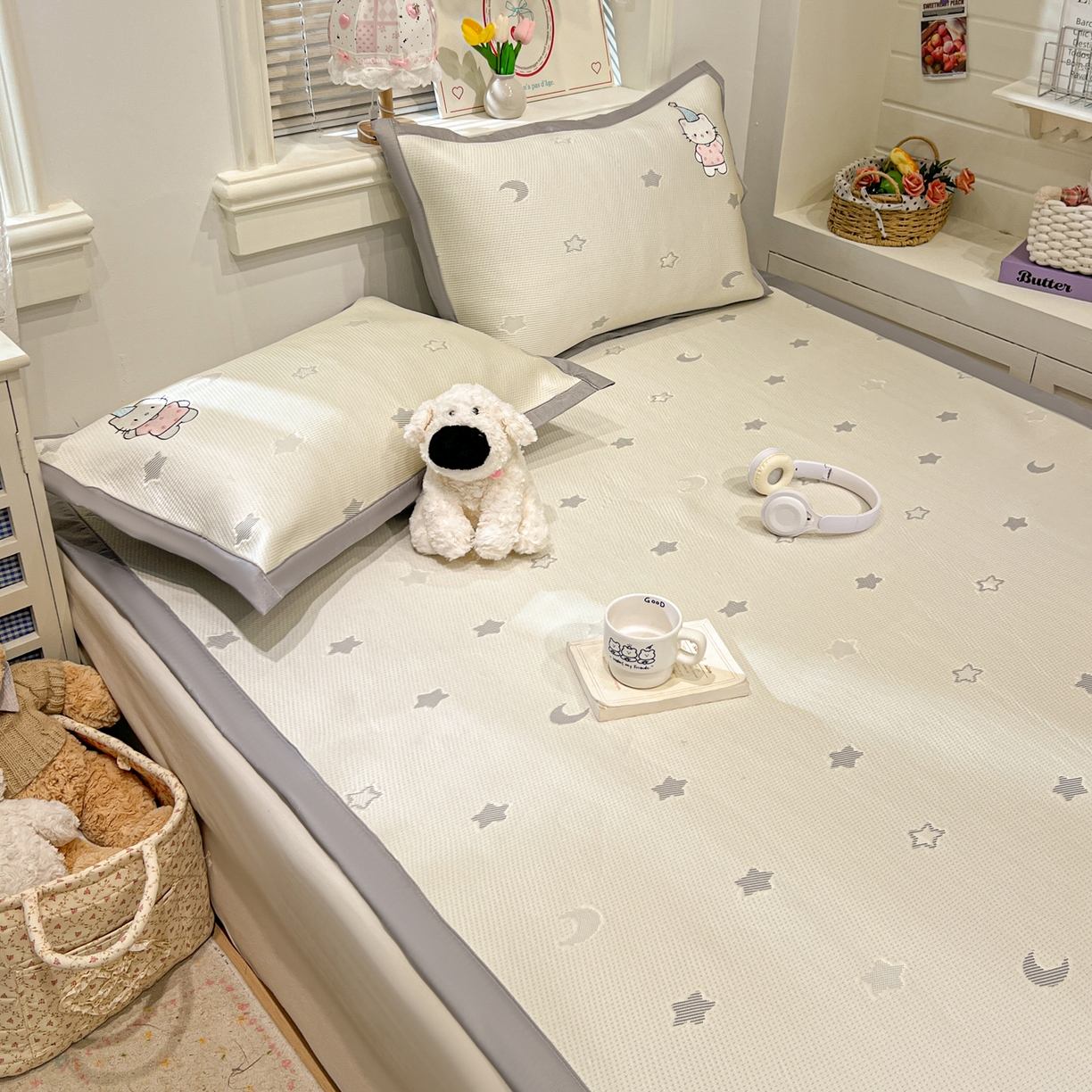 91家纺网 家纺一手货源 找家纺 川悦生活 2026新款凉感提花绣花豆豆席 幸福喵喵