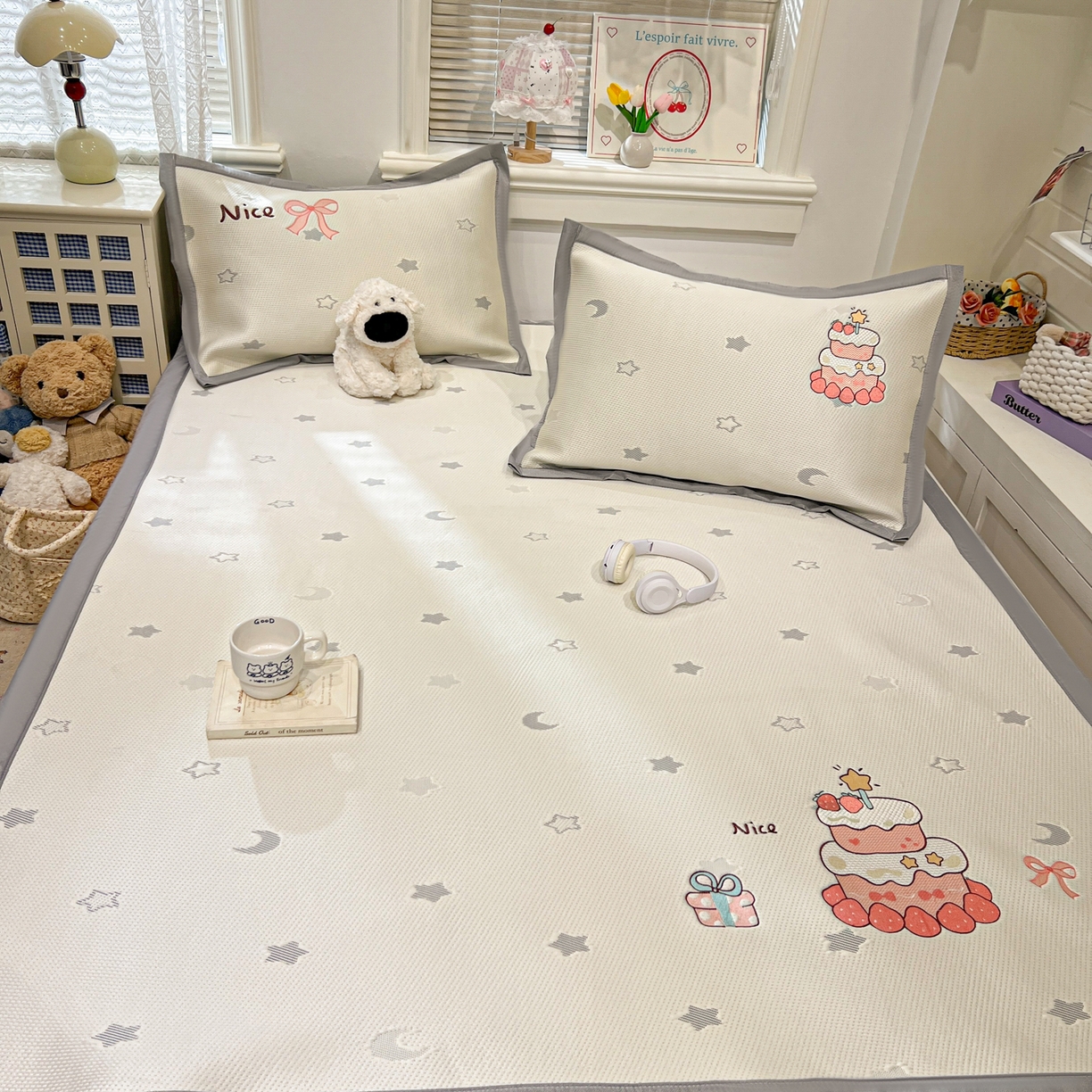 91家纺网 家纺一手货源 找家纺 川悦生活 2026新款凉感提花绣花豆豆席 奶油草莓