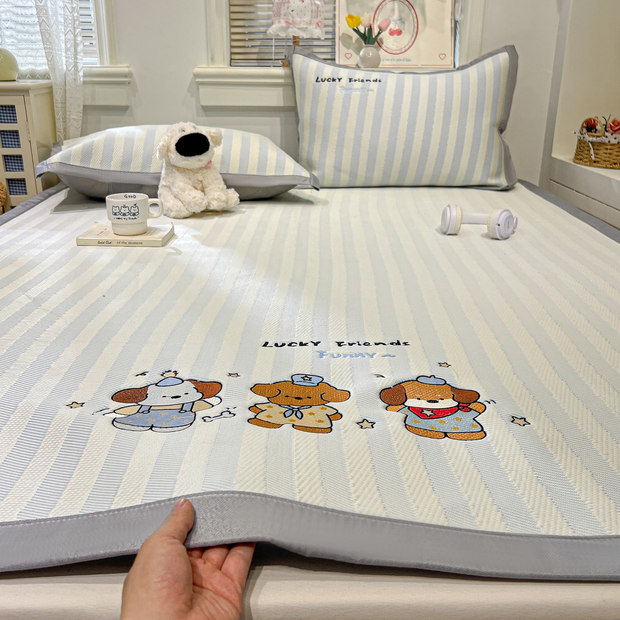 川悦生活 2026新款凉感提花绣花豆豆席 快乐仔仔