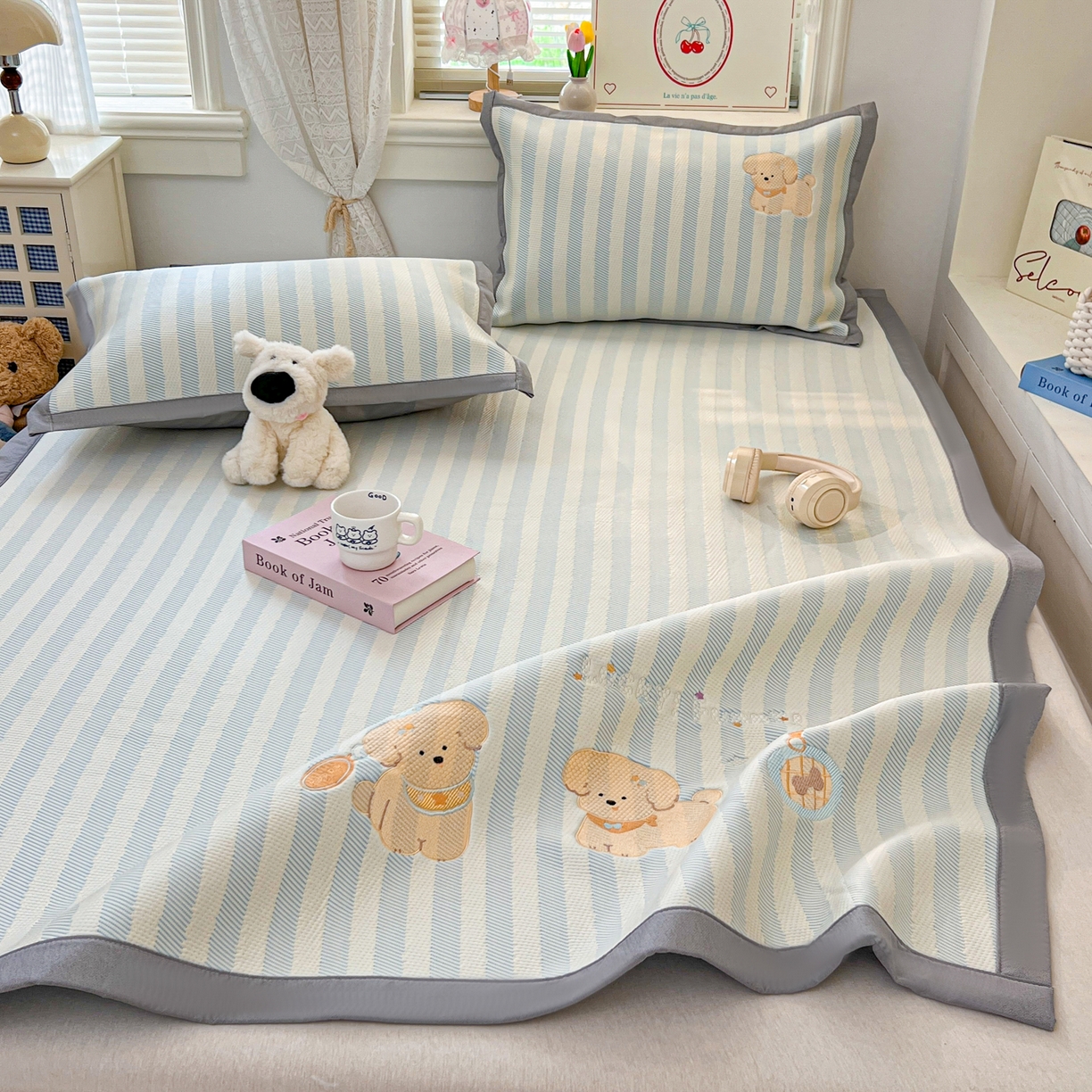 91家纺网 家纺一手货源 找家纺 川悦生活 2026新款凉感提花绣花豆豆席 宠物乐咖