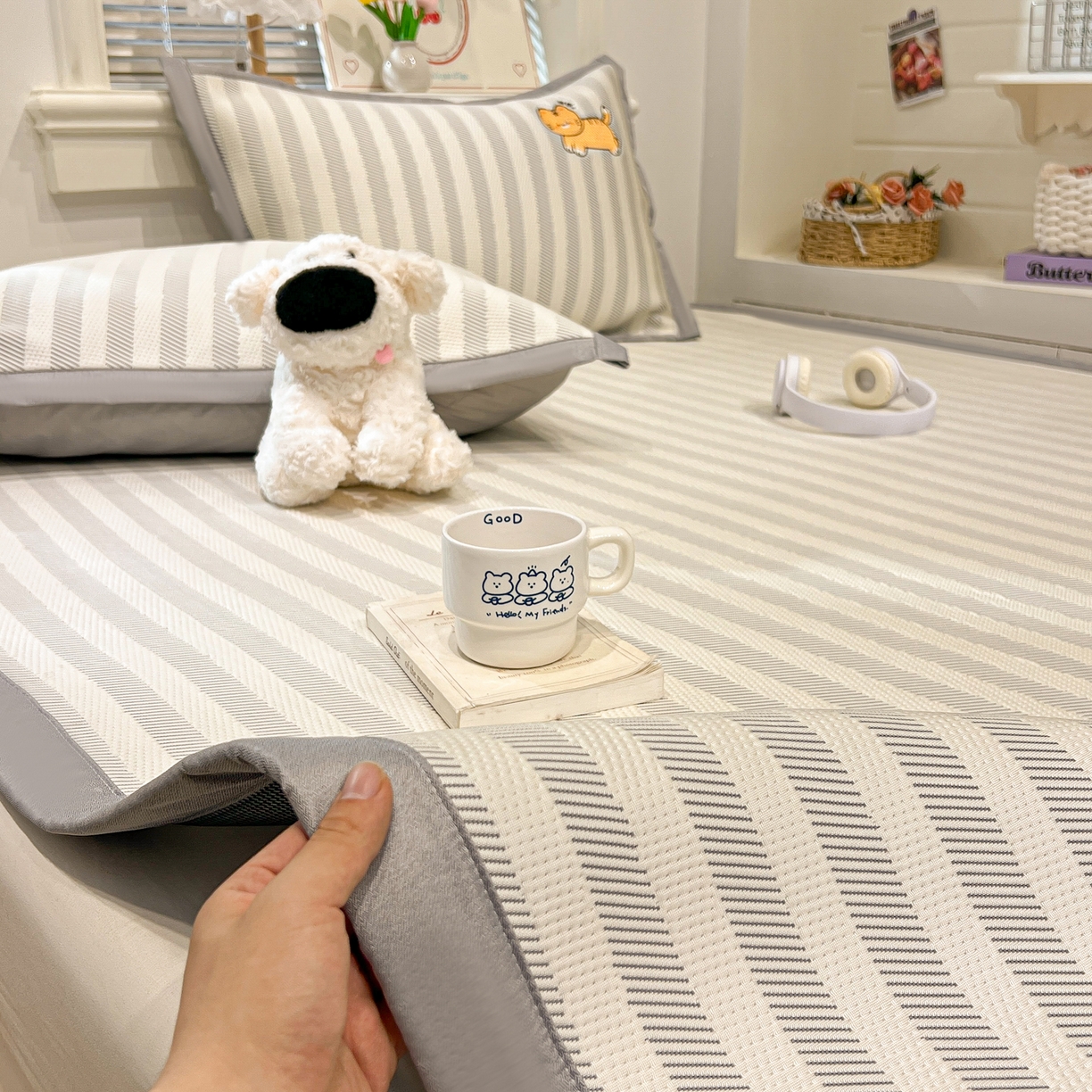 91家纺网 家纺一手货源 找家纺 川悦生活 2026新款凉感提花绣花豆豆席 吉祥奶虎