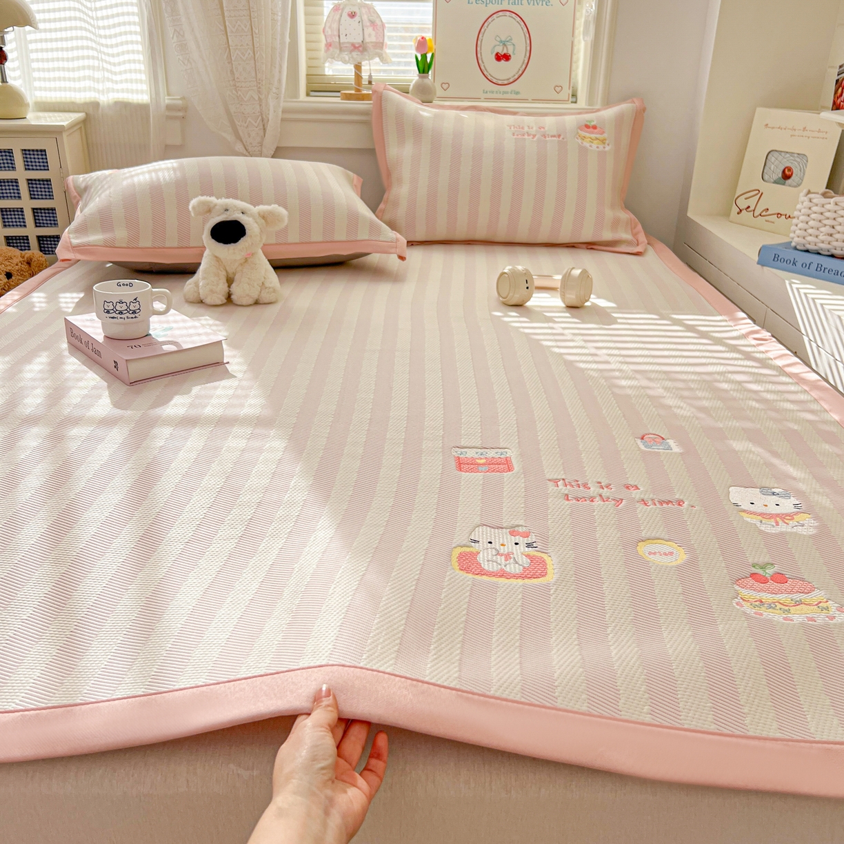 川悦生活 2026新款凉感提花绣花豆豆席 奶油甜心