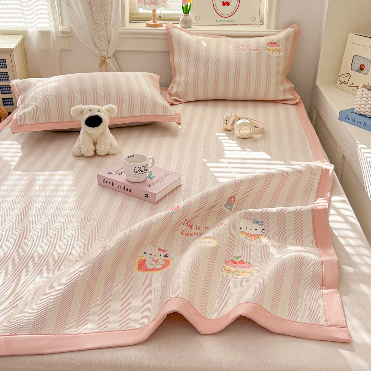 91家纺网 家纺一手货源 找家纺 川悦生活 2026新款凉感提花绣花豆豆席 奶油甜心