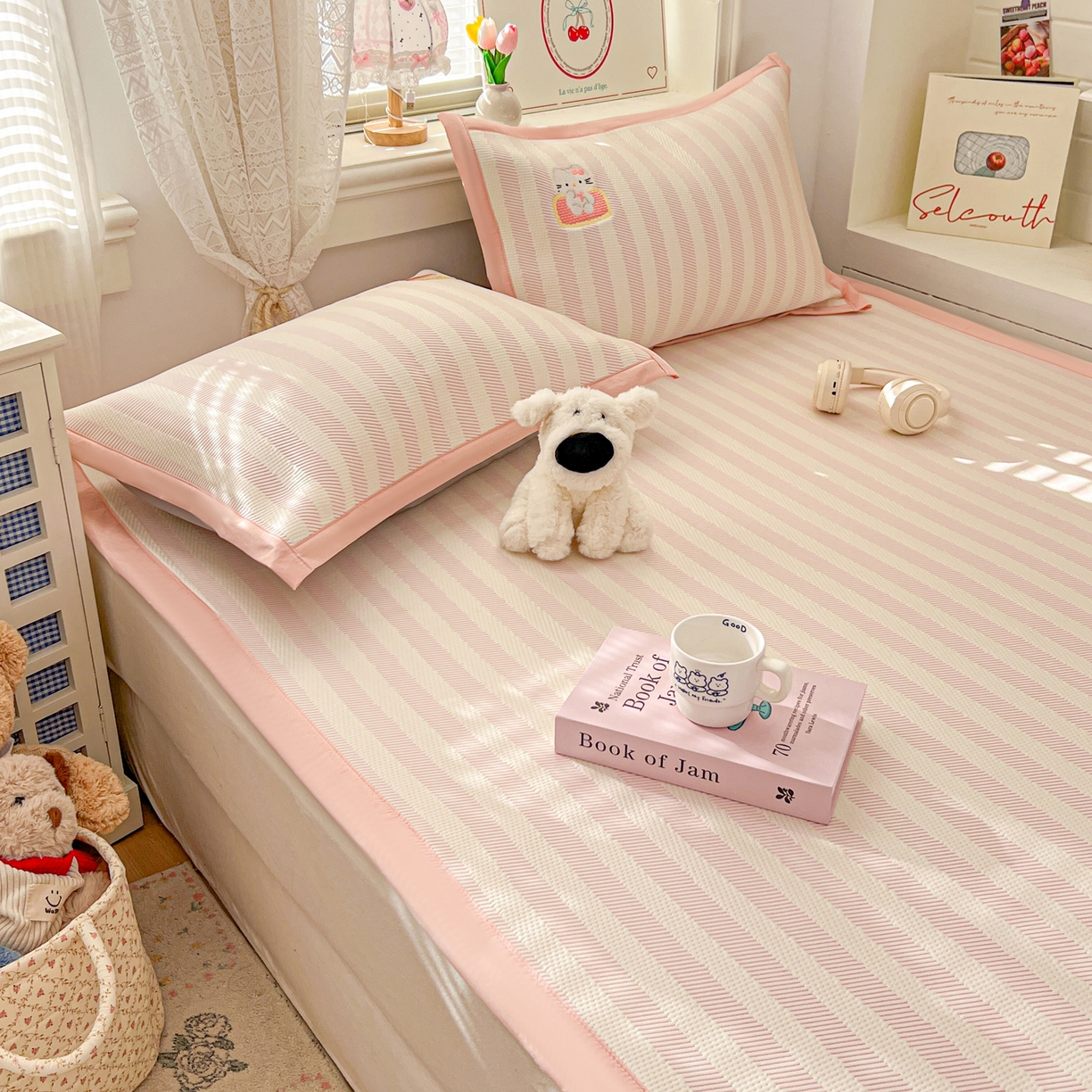 91家纺网 家纺一手货源 找家纺 川悦生活 2026新款凉感提花绣花豆豆席 奶油甜心