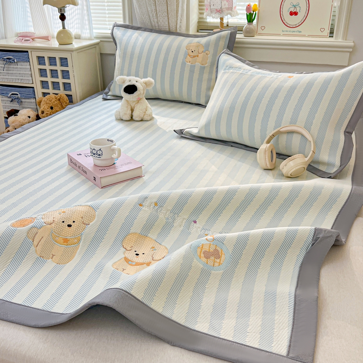 91家纺网 家纺一手货源 找家纺 川悦生活 2026新款凉感提花绣花豆豆席 宠物乐咖