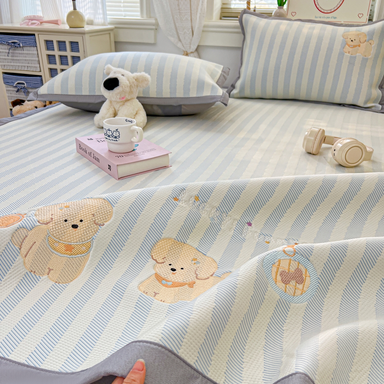 91家纺网 家纺一手货源 找家纺 川悦生活 2026新款凉感提花绣花豆豆席 宠物乐咖