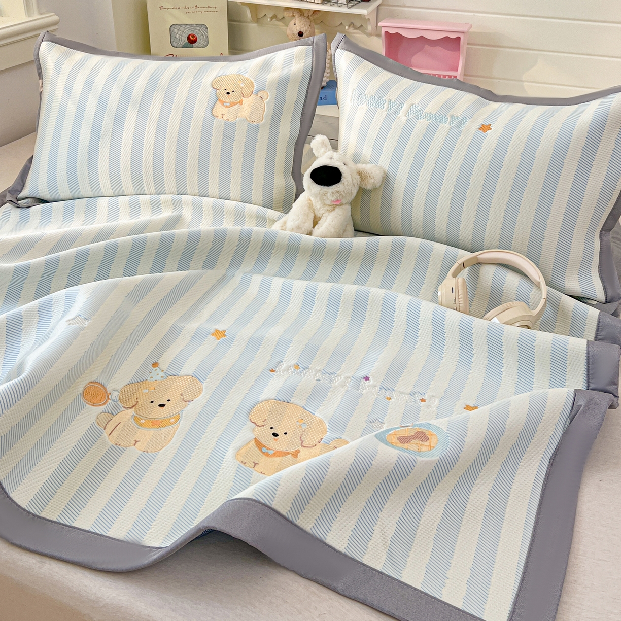 91家纺网 家纺一手货源 找家纺 川悦生活 2026新款凉感提花绣花豆豆席 宠物乐咖