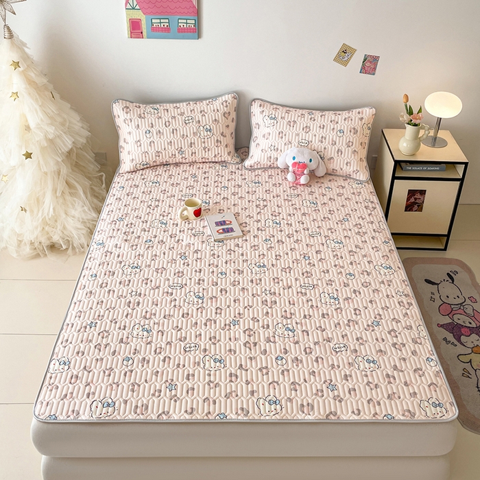 91家纺网 家纺一手货源 找家纺 沐慕 2026新款小清新凉感丝乳胶凉席三件套 豹纹小兔