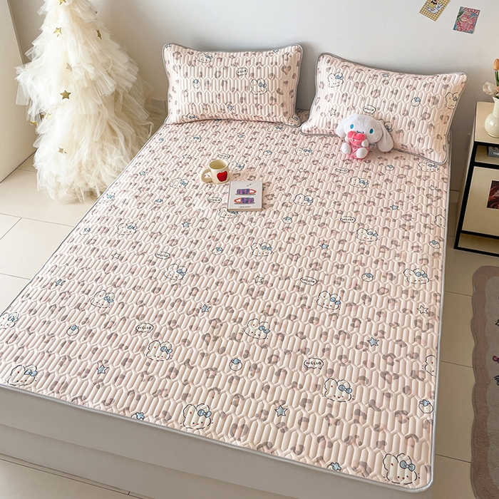 91家纺网 家纺一手货源 找家纺 沐慕 2026新款小清新凉感丝乳胶凉席三件套 豹纹小兔