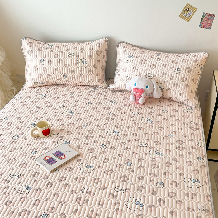 91家纺网 家纺一手货源 找家纺 沐慕 2026新款小清新凉感丝乳胶凉席三件套 豹纹小兔