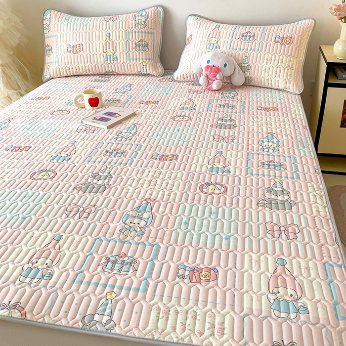 91家纺网 家纺一手货源 找家纺 沐慕 2026新款小清新凉感丝乳胶凉席三件套 粉格帽宠