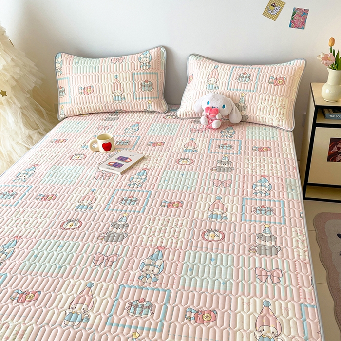 91家纺网 家纺一手货源 找家纺 沐慕 2026新款小清新凉感丝乳胶凉席三件套 粉格帽宠