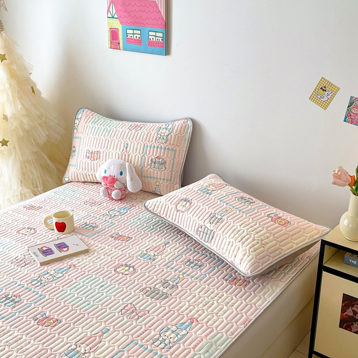 91家纺网 家纺一手货源 找家纺 沐慕 2026新款小清新凉感丝乳胶凉席三件套 粉格帽宠