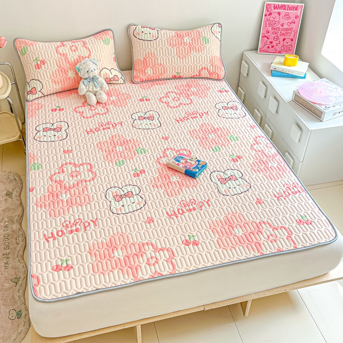 91家纺网 家纺一手货源 找家纺 沐慕 2026新款小清新凉感丝乳胶凉席三件套 花花粉兔