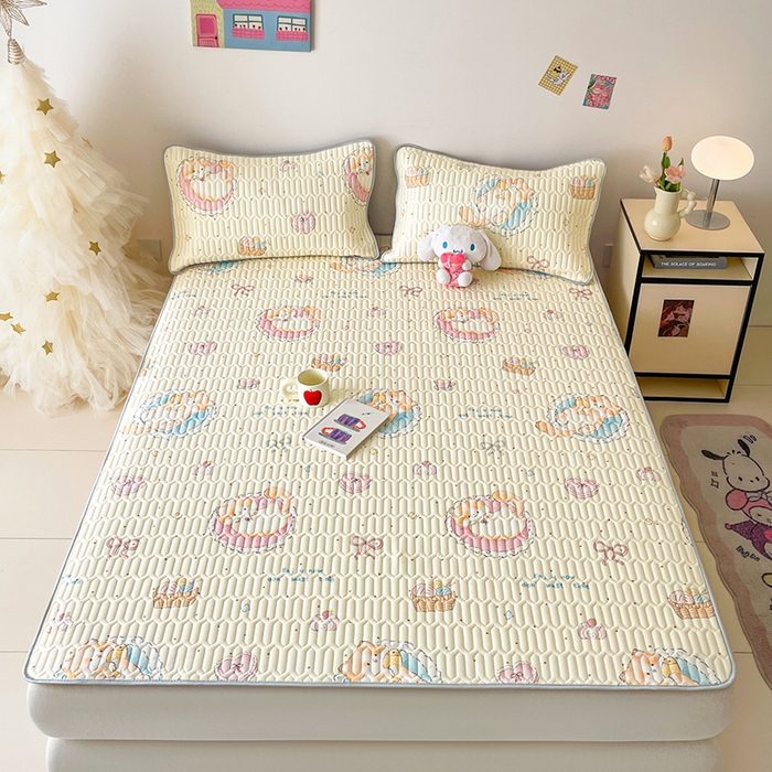 91家纺网 家纺一手货源 找家纺 沐慕 2026新款小清新凉感丝乳胶凉席三件套 萝莉猫