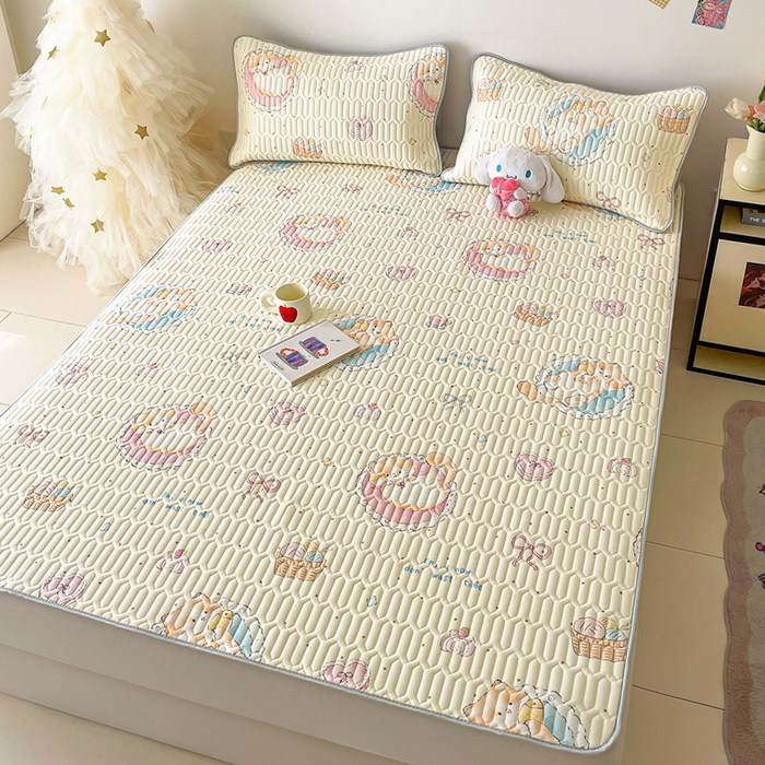 91家纺网 家纺一手货源 找家纺 沐慕 2026新款小清新凉感丝乳胶凉席三件套 萝莉猫