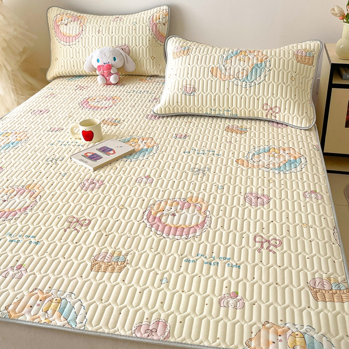 91家纺网 家纺一手货源 找家纺 沐慕 2026新款小清新凉感丝乳胶凉席三件套 萝莉猫