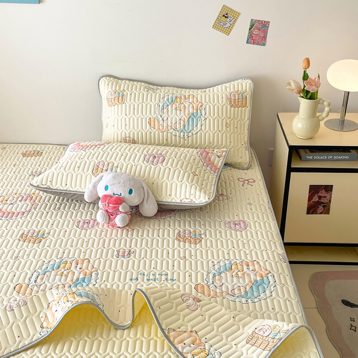 91家纺网 家纺一手货源 找家纺 沐慕 2026新款小清新凉感丝乳胶凉席三件套 萝莉猫