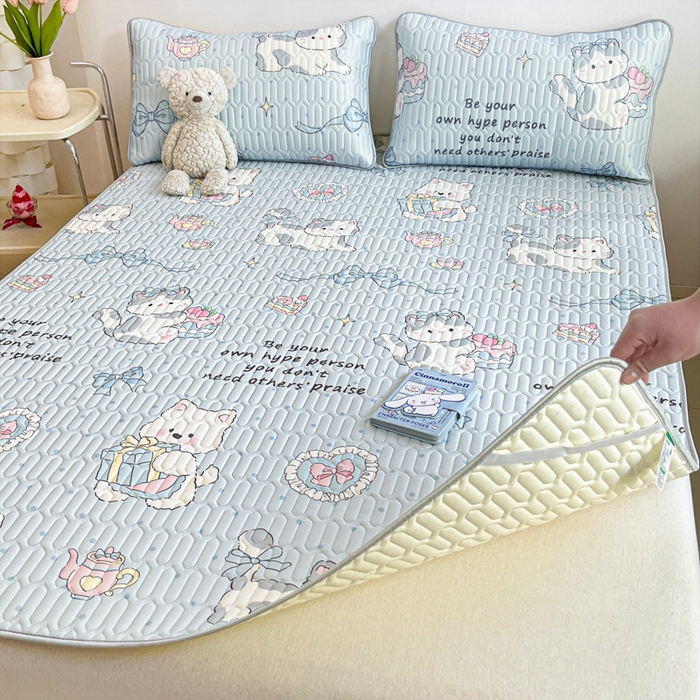 91家纺网 家纺一手货源 找家纺 沐慕 2026新款小清新凉感丝乳胶凉席三件套 萌宠礼物