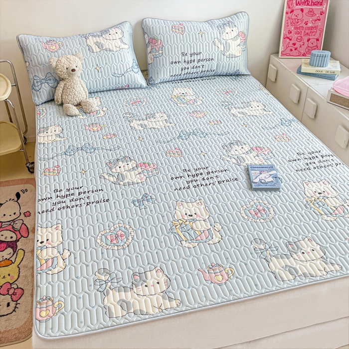 91家纺网 家纺一手货源 找家纺 沐慕 2026新款小清新凉感丝乳胶凉席三件套 萌宠礼物