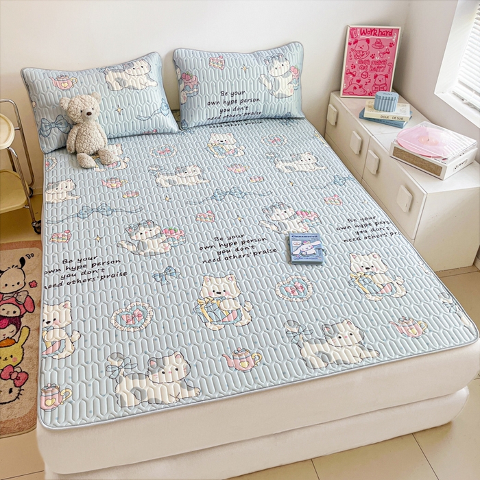 91家纺网 家纺一手货源 找家纺 沐慕 2026新款小清新凉感丝乳胶凉席三件套 萌宠礼物