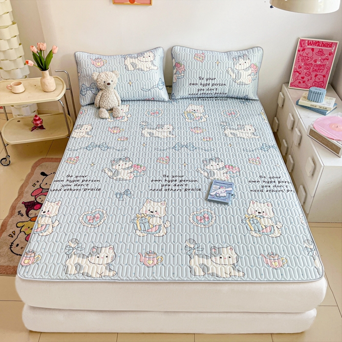 91家纺网 家纺一手货源 找家纺 沐慕 2026新款小清新凉感丝乳胶凉席三件套 萌宠礼物