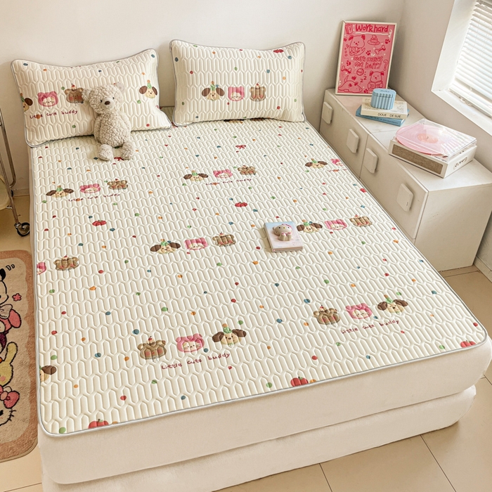 91家纺网 家纺一手货源 找家纺 沐慕 2026新款小清新凉感丝乳胶凉席三件套 三小只