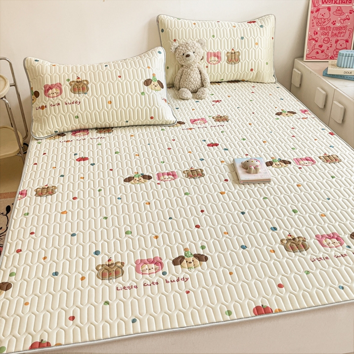 91家纺网 家纺一手货源 找家纺 沐慕 2026新款小清新凉感丝乳胶凉席三件套 三小只