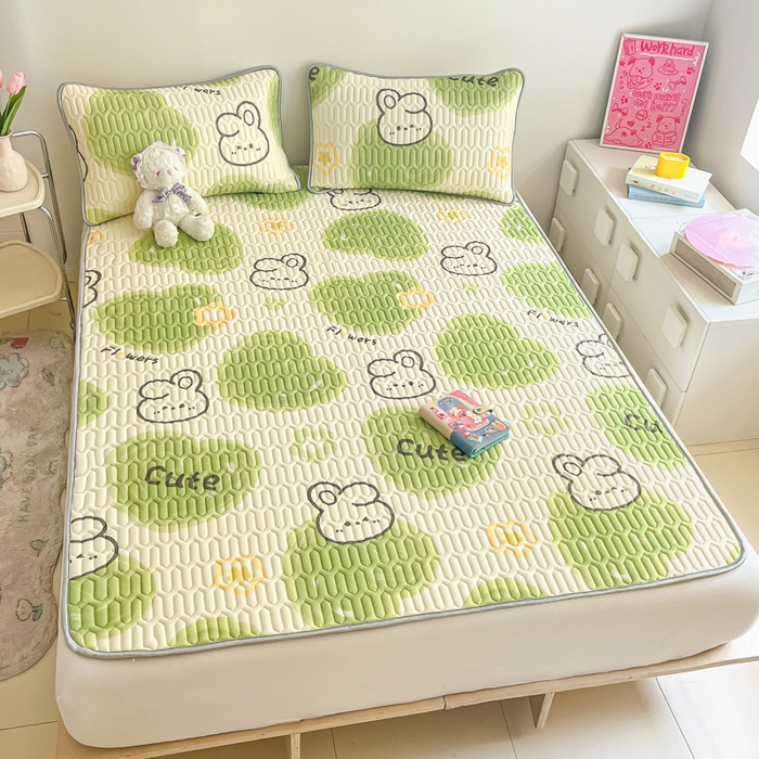 91家纺网 家纺一手货源 找家纺 沐慕 2026新款小清新凉感丝乳胶凉席三件套 森系兔