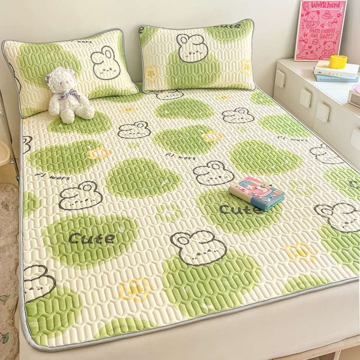 91家纺网 家纺一手货源 找家纺 沐慕 2026新款小清新凉感丝乳胶凉席三件套 森系兔