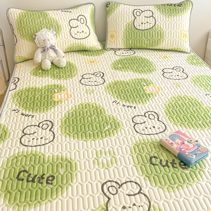 91家纺网 家纺一手货源 找家纺 沐慕 2026新款小清新凉感丝乳胶凉席三件套 森系兔