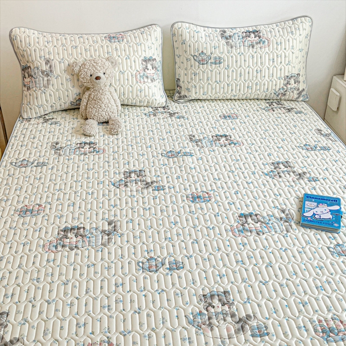 91家纺网 家纺一手货源 找家纺 沐慕 2026新款小清新凉感丝乳胶凉席三件套 碎花小猫