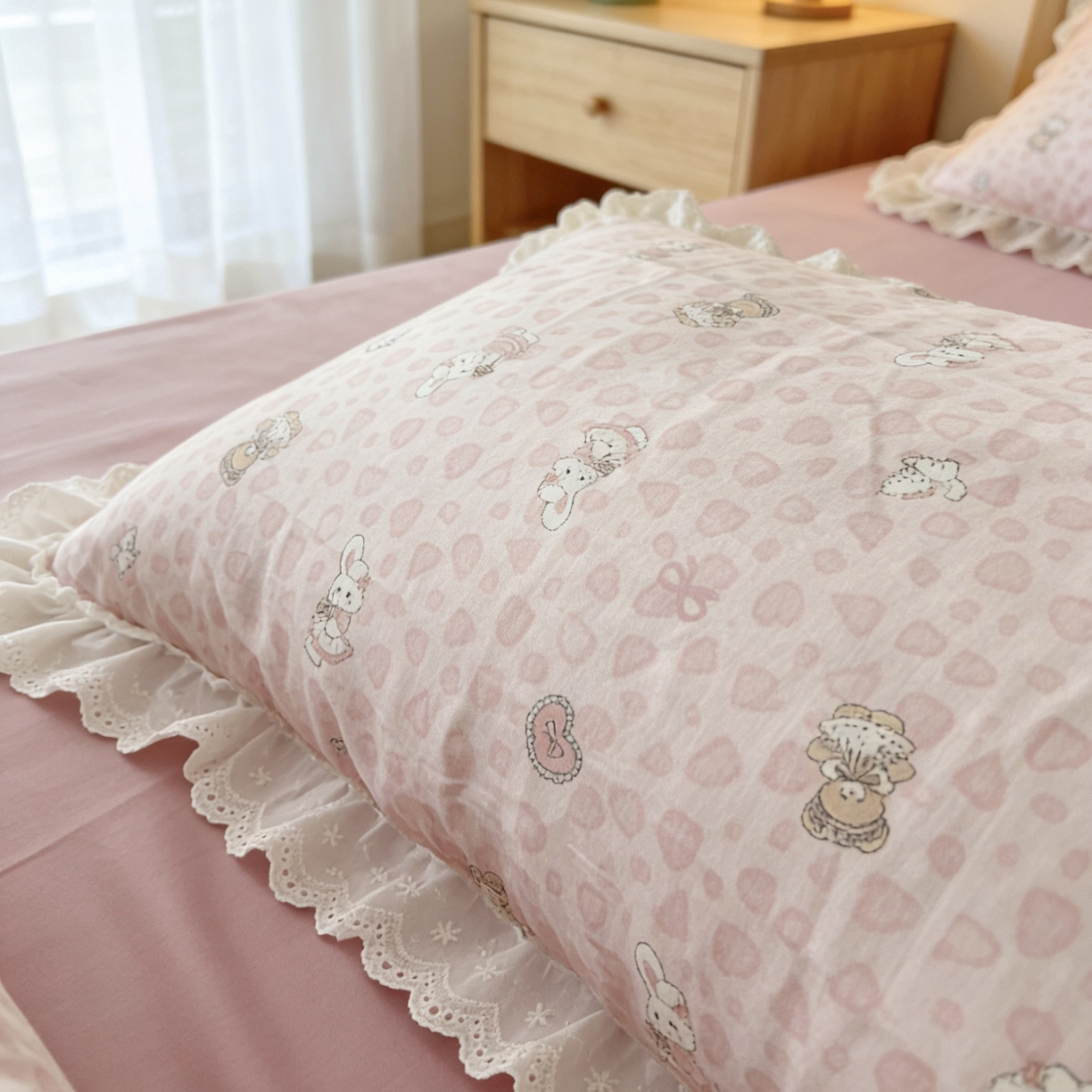 91家纺网 家纺一手货源 找家纺 荣轩家居 2026新款韩式浪漫花边工艺款全棉纯棉双层纱四件套（铺床版） 春伴