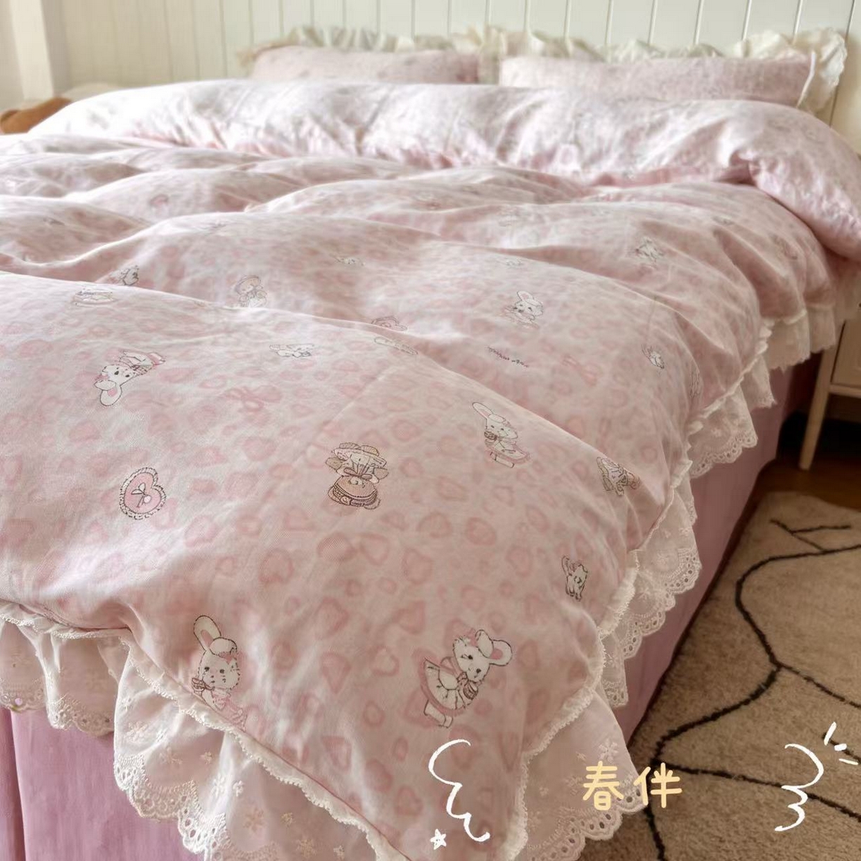 荣轩家居 2026新款韩式浪漫花边工艺款全棉纯棉双层纱四件套（铺床版） 春伴