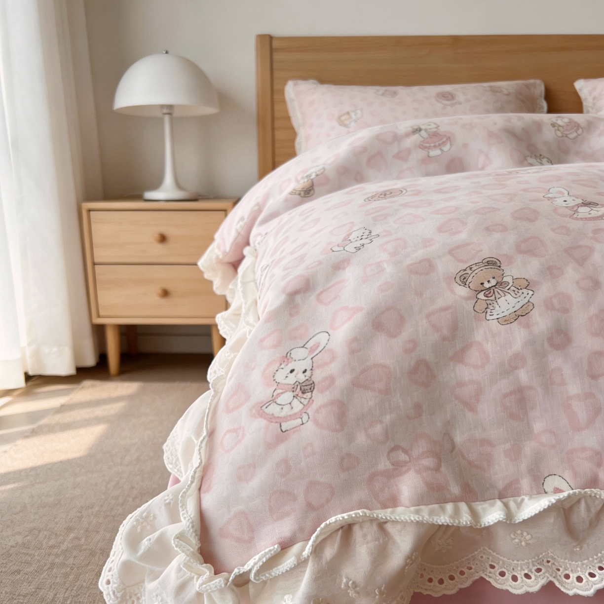 91家纺网 家纺一手货源 找家纺 荣轩家居 2026新款韩式浪漫花边工艺款全棉纯棉双层纱四件套（铺床版） 春伴