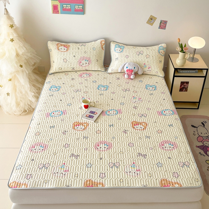 91家纺网 家纺一手货源 找家纺 沐慕 2026新款小清新凉感丝乳胶凉席三件套 糖果甜梦园