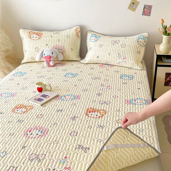 91家纺网 家纺一手货源 找家纺 沐慕 2026新款小清新凉感丝乳胶凉席三件套 糖果甜梦园