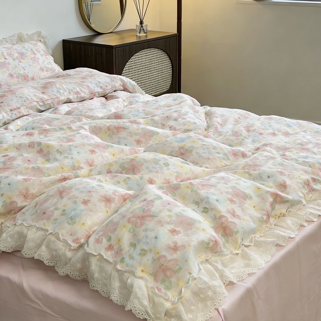 91家纺网 家纺一手货源 找家纺 荣轩家居 2026新款韩式浪漫花边工艺款全棉纯棉双层纱四件套（铺床版）春野