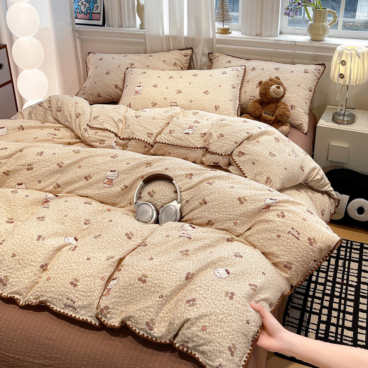 91家纺网 家纺一手货源 找家纺 瑞禾家纺（原阿亮） 2026新款云感泡芙棉小清新印花贝壳边四件套 豹纹凯蒂