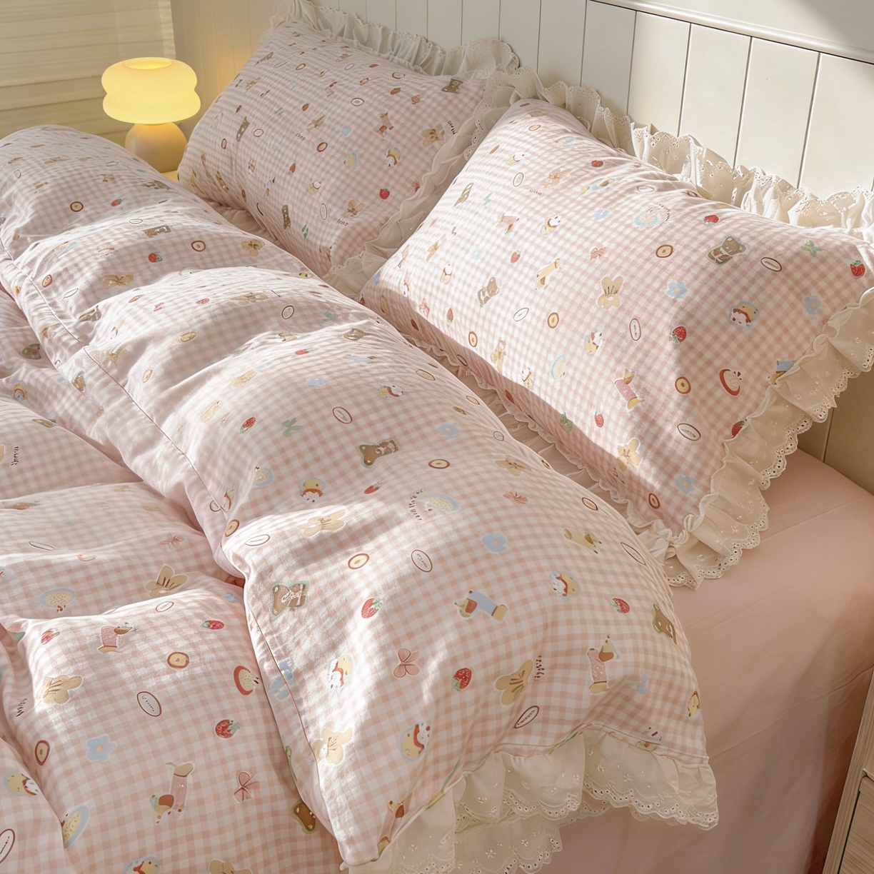 91家纺网 家纺一手货源 找家纺 荣轩家居 2026新款韩式浪漫花边工艺款全棉纯棉双层纱四件套（铺床版） 粉格甜梦