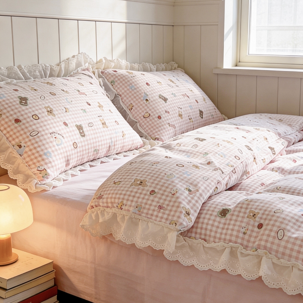 91家纺网 家纺一手货源 找家纺 荣轩家居 2026新款韩式浪漫花边工艺款全棉纯棉双层纱四件套（铺床版） 粉格甜梦
